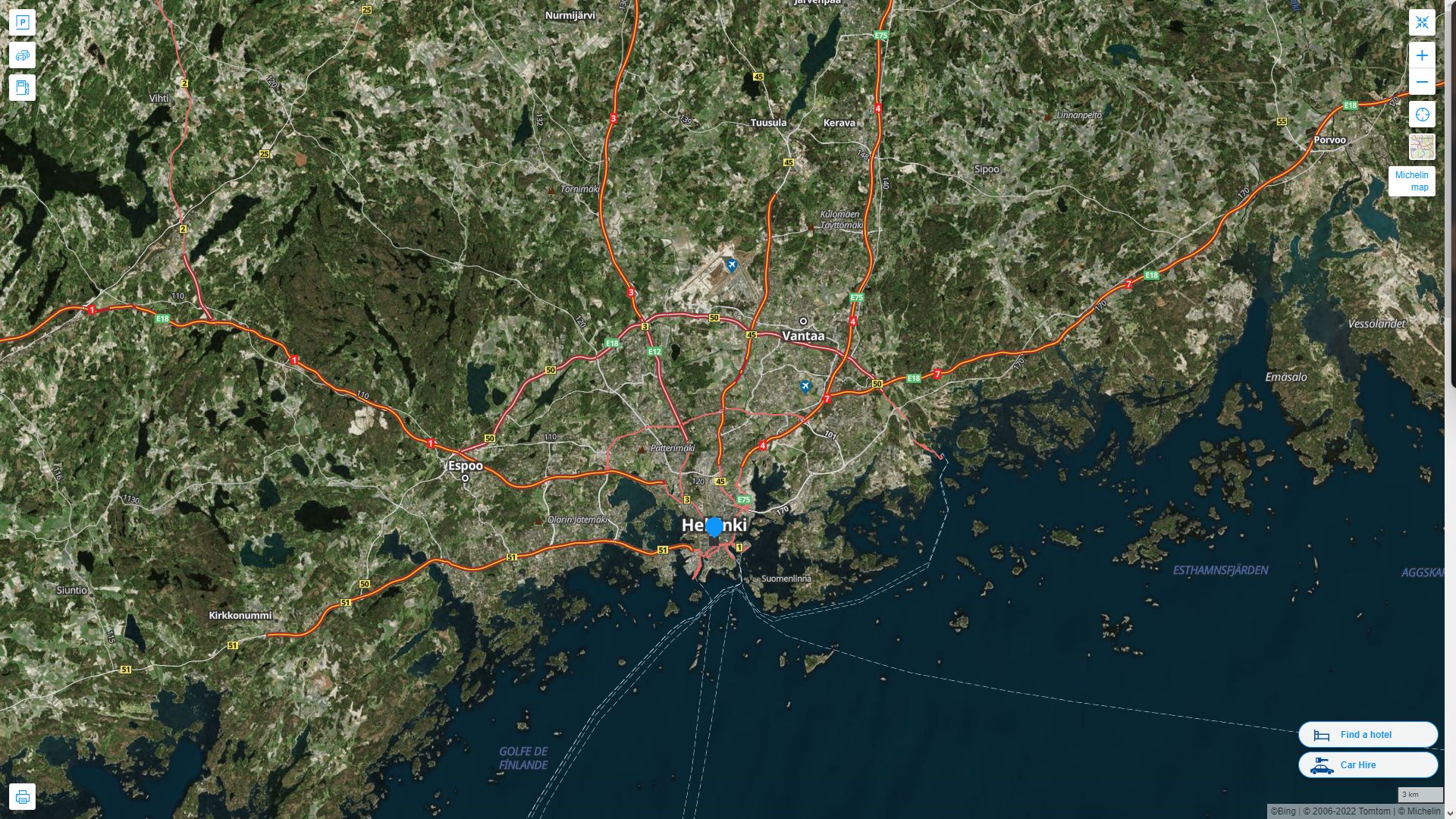 Helsinki Finlande Autoroute et carte routiere avec vue satellite